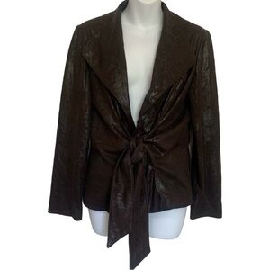 Joseph Ribkoff Wrap Jacket Women Tie Front Chocolate Brown Metallic Faux Suede